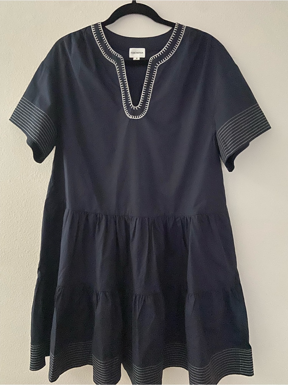 Forcynthia Navy Cotton Tiered Tunic Dress w/ Contrast Stitch Detail M